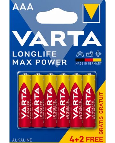 Алкални батерии VARTA - Longlife Max Power, ААА, 4+2 бр. - 1